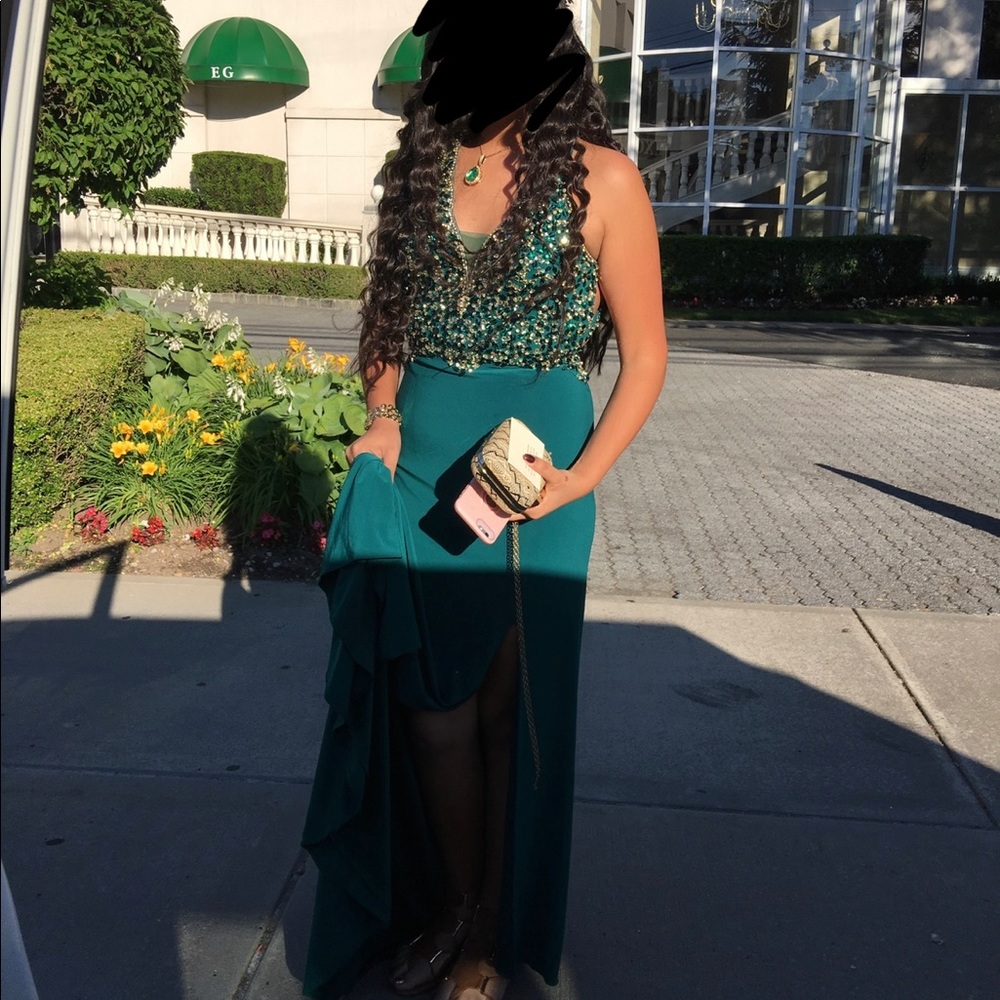 Emerald Green Backless Dress, with Long Train and Gold Rhinestones